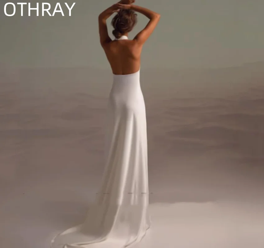 Sexy Backless A-Line Floor Length Gown Civil Bride Beach Wedding Party Dress for Bridal Fashion High Neck Halter Wedding Dresses