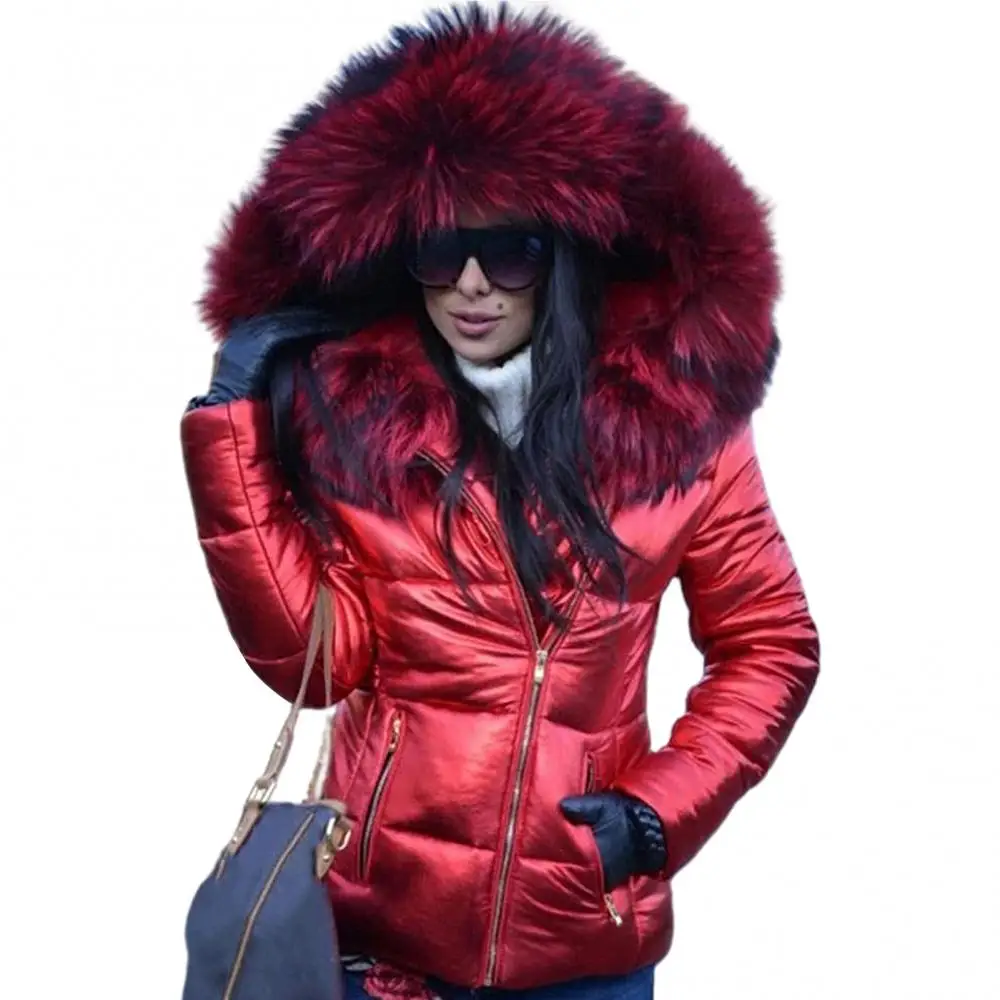 Women Zipper Coat Warm Jacket Winter Parka Coats Down Clothes Faux Fur Hood Pocket Parkas Jackets Woman