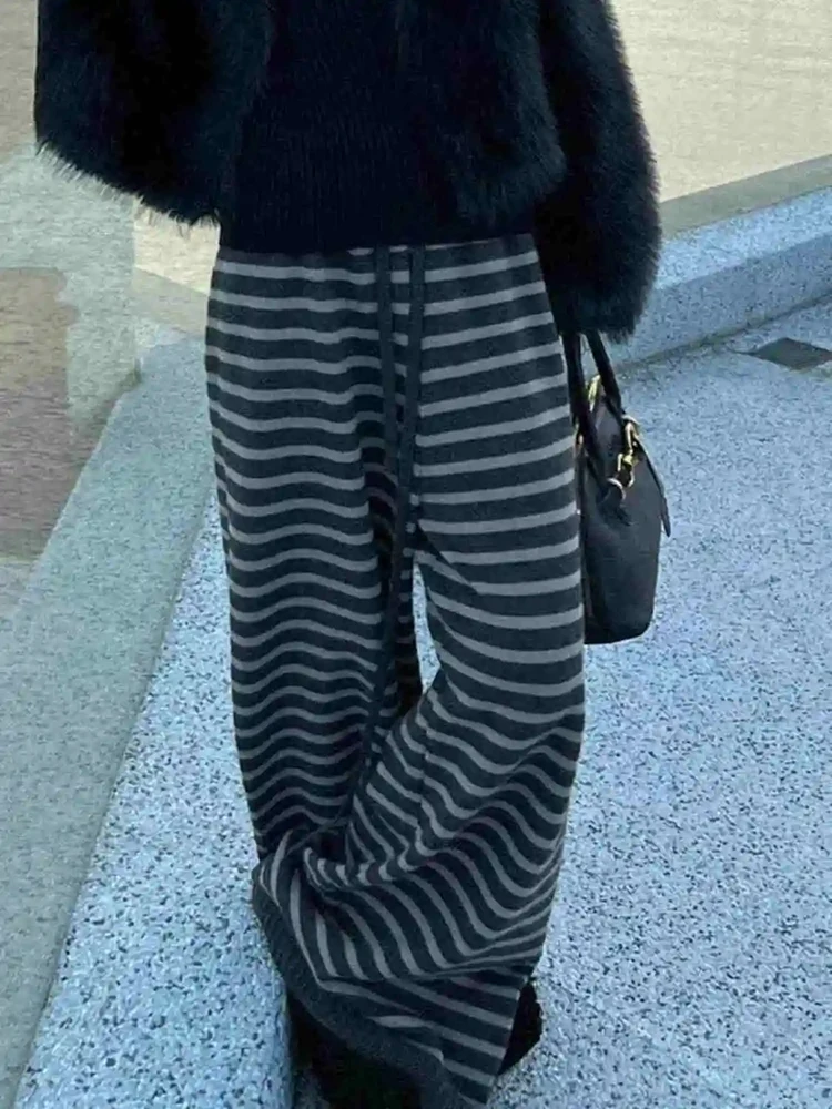 レディースカジュアルストライプパンツ ヴィンテージルーズルーズルーズストリートウェアストレートトラウザーズ 韓国風ハイウエストレトロワイドレッグパンツ