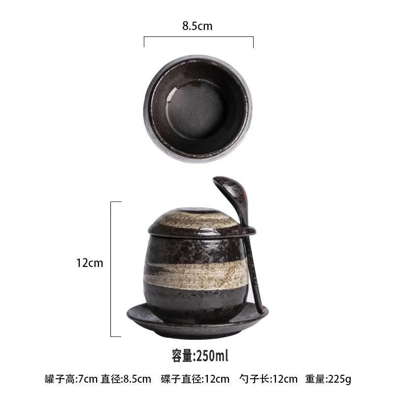 Japanese Retro Ceramic Stew Pot with Lid Spoon Set Household Multifunctional Soup Cup Restaurant Dessert Bowl Seasoning Jar