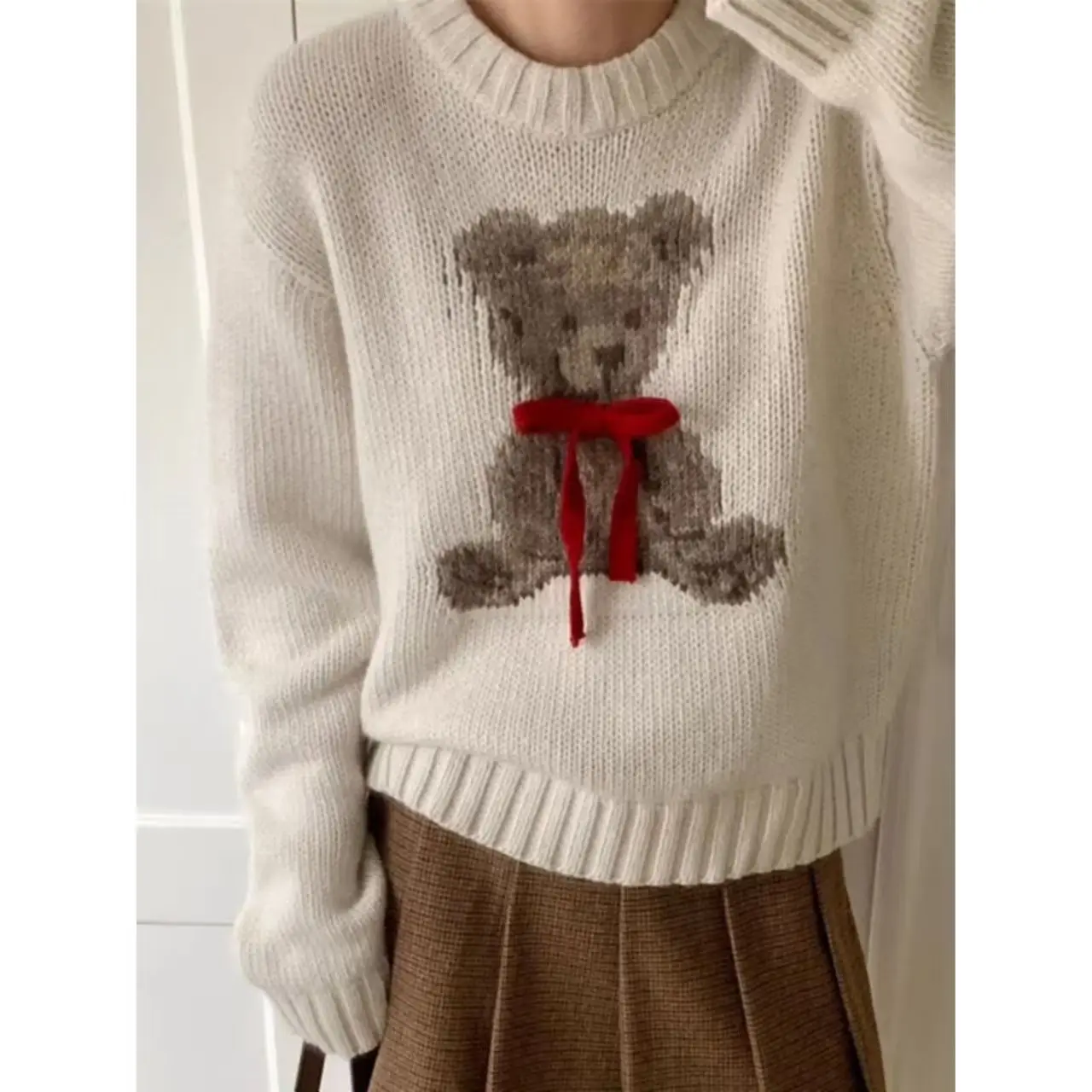 

Cartoon Bear Jacquard Pullover Women Korean Style O Neck Contrast Color Sweater Autumn Winter Sweet Short Knitted Tops Jumpers