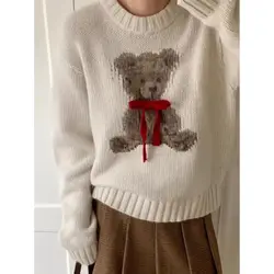 Cartoon Bear Jacquard Pullover Women Korean Style O Neck Contrast Color Sweater Autumn Winter Sweet Short Knitted Tops Jumpers
