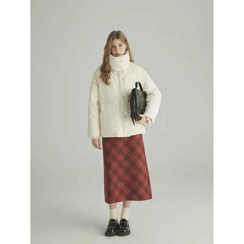 

ort Plaid down Jaet Skirt Outerwear Small Fraance Commute Sle Zipper Sve Long Thiened Regular Length