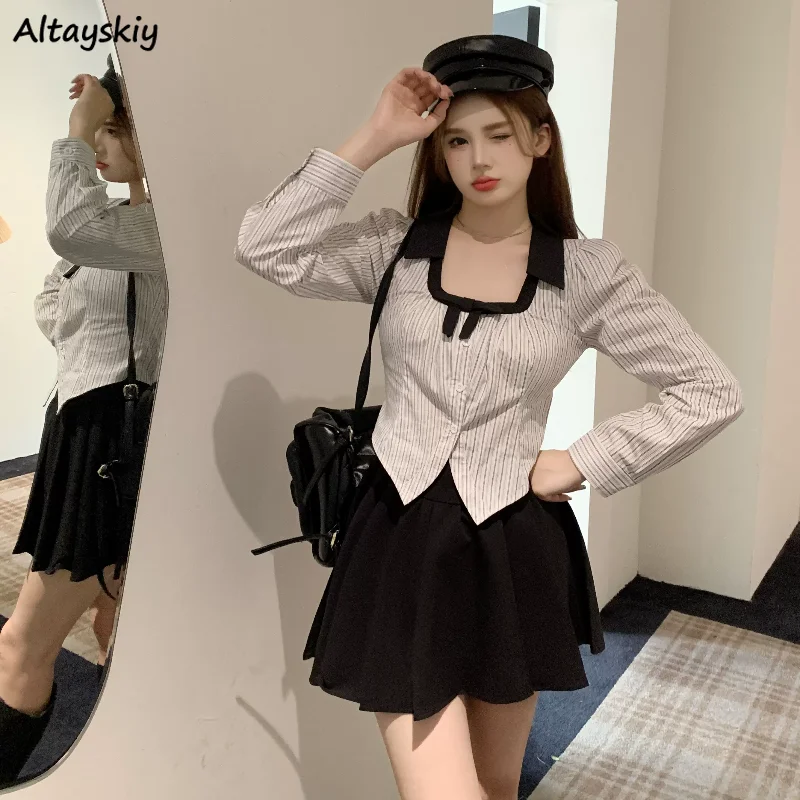 Long Sleeve Casual Shirts Women Striped Spring Design Preppy Style All-match Temper Square Collar Bow Streetwear Elegant Trendy