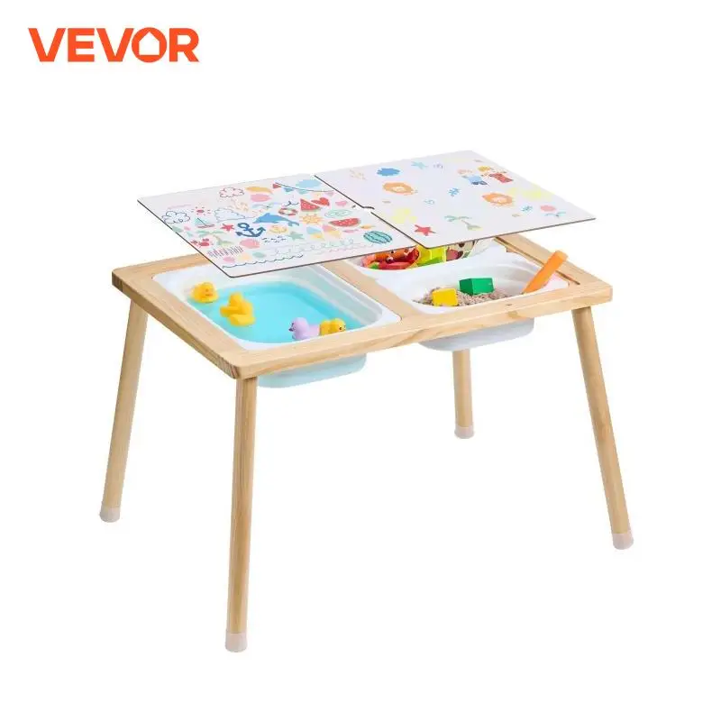 VEVOR Wooden Sensory Table for Kids Activity with 3 Foldable Storage Bins&Double-Sided Board Indoor/Outdoor for Drawing Studying