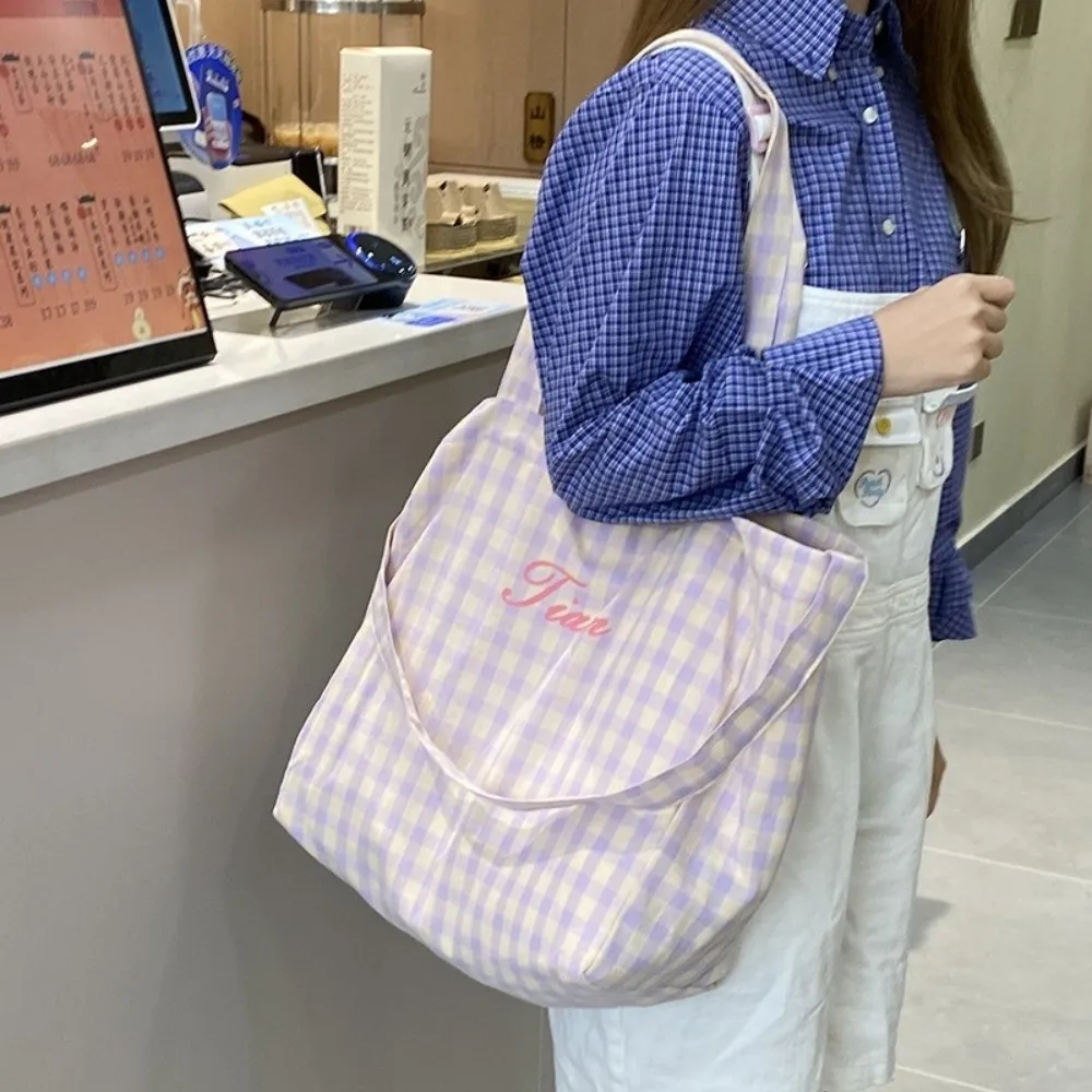 

Casual Letter Plaid Shoulder Bag Light Weight Korean Style Canvas Tote Bag Purse Handbag Large Capacity Crossbody Bag Student