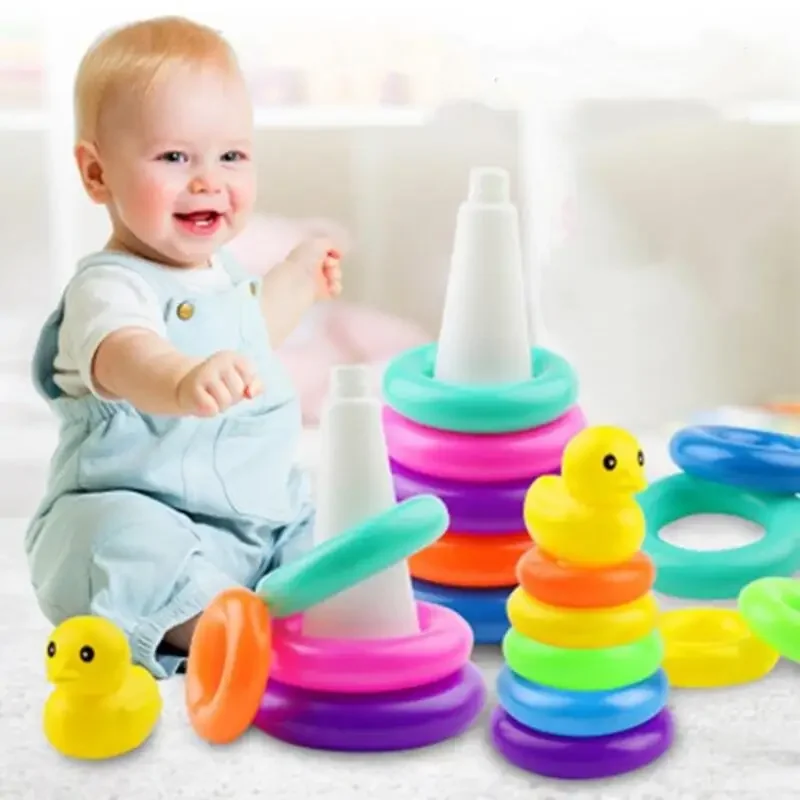 0-3 anos de idade infantil aprendizagem precoce arco-íris empilhamento brinquedos quebra-cabeça desenvolvimento inteligência arco-íris torre conjunto de anéis pato amarelo