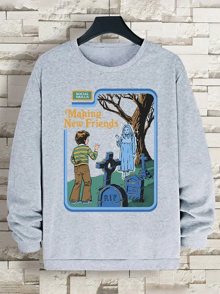秋の新しい社会的スキル、新しい友達を作るプリントパーカー男性用カジュアルヒップホップスウェットシャツクルーネックプルオーバーハロウィンパーカー