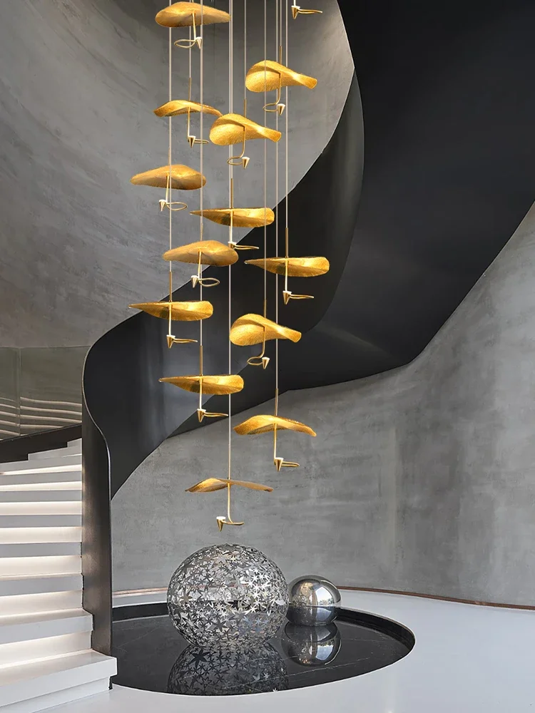 Modern Copper Lotus Staircase LED Chandelier For Duplex Living Room Luxury Large Leaf Villa Home Indoor Lighting Lustre Fixtures