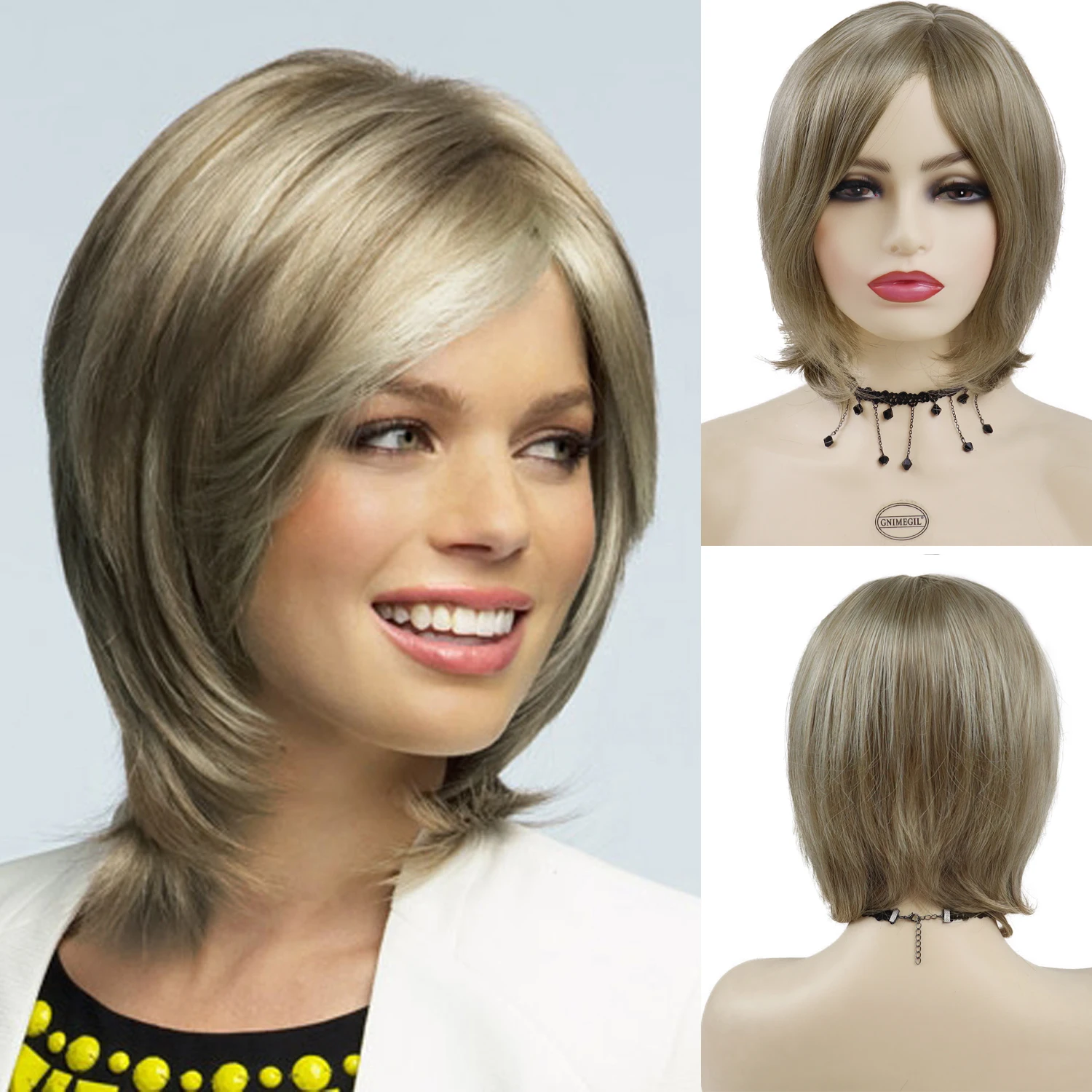

GNIMEGIL Short Straight Synthetic Wigs for Women Blonde Bob Wig with Bangs Elderly Ladies Wig Daily Cosplay Party Heat Resistant