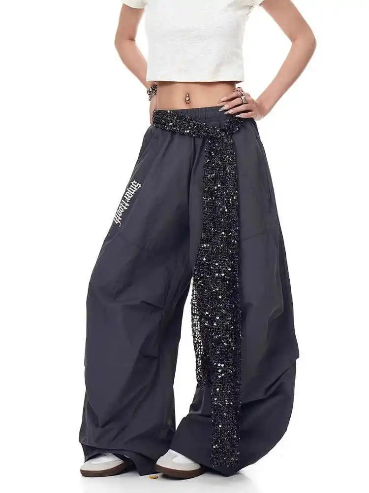 ผู้หญิงสีเทาเข้ม Baggy ร่มชูชีพกางเกง Sweatpants กับแถบยืดหยุ่น Harajuku ญี่ปุ่น 2000s สไตล์ Y2k Vintage กางเกงเสื้อผ้า