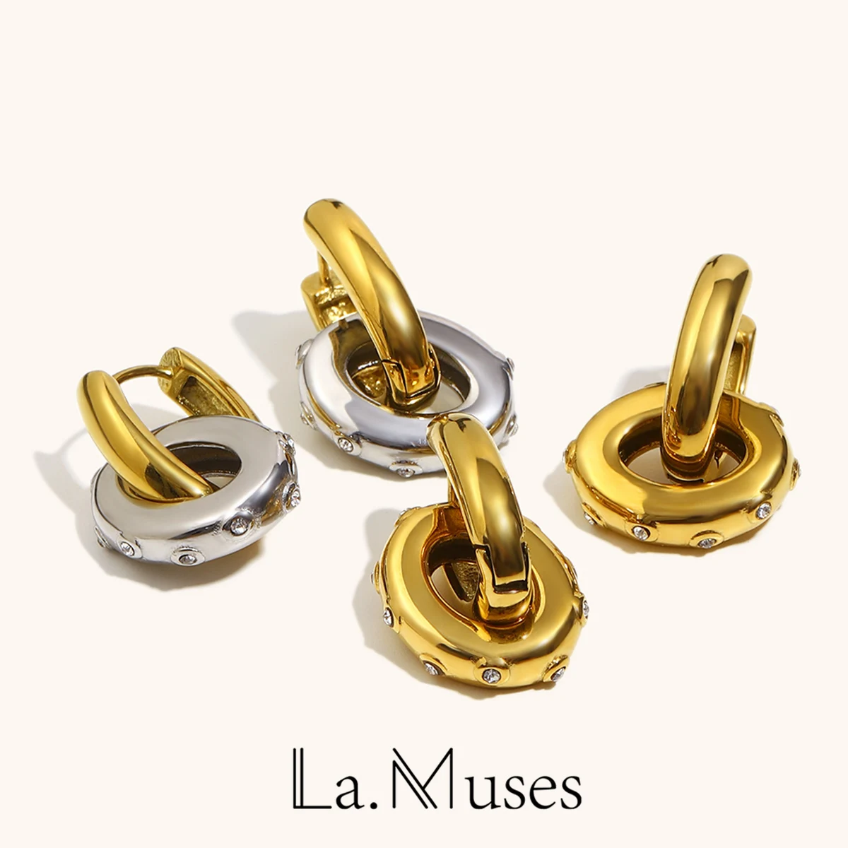 لا. Muses مختلط اللون البيضاوي الزركون الفولاذ المقاوم للصدأ المرأة أقراط PVD مطلية بالذهب هدية مجوهرات عصرية