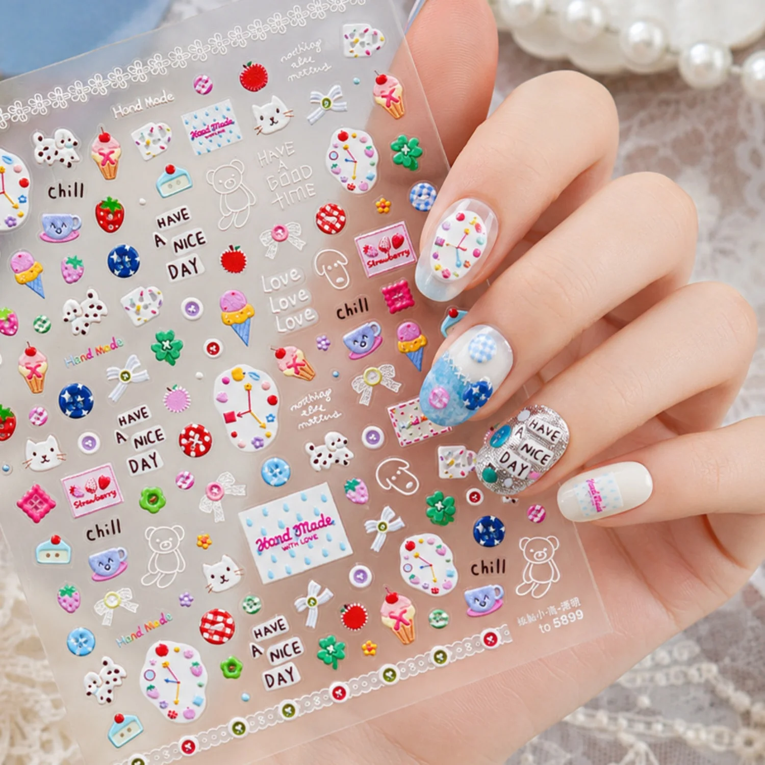 Cute 5D Nail Stickers Button Bear Watch Dial Strawberry Ice Cream Clover Cat Plaid Square Lace Border Self Adhesive Manicure