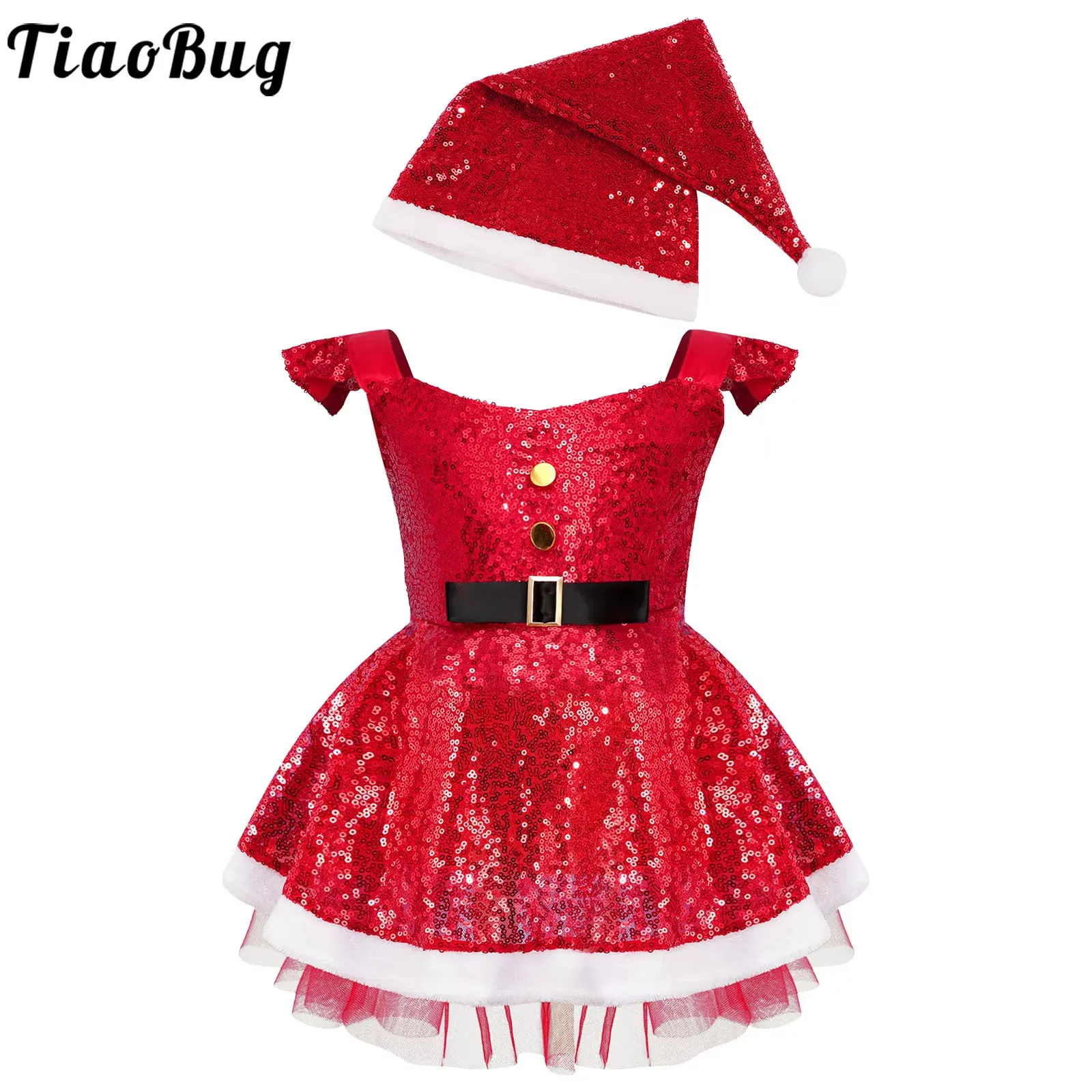 

Girls Sequins Christmas Santa Clause Costume Toddler Kids Red Xmas Party Princess Dress with Hat Set Stage Performance Dancewear