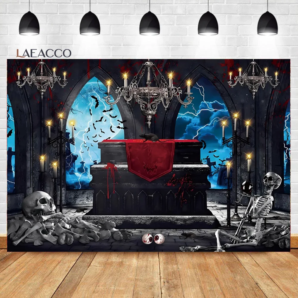 

Laeacco Gloomy Gothic Style Castle Halloween Photography Backdrop Scary Room Stone Wall Vampire Ghost Theme Portrait Background