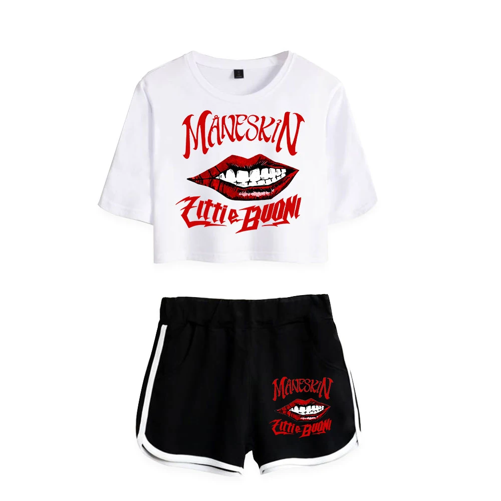 Fashion Youthful Print Maneskin Short Sleeve Women Sexy Shorts+lovely T-shirts Dew navel Pretty Girl suits Two Piece Set