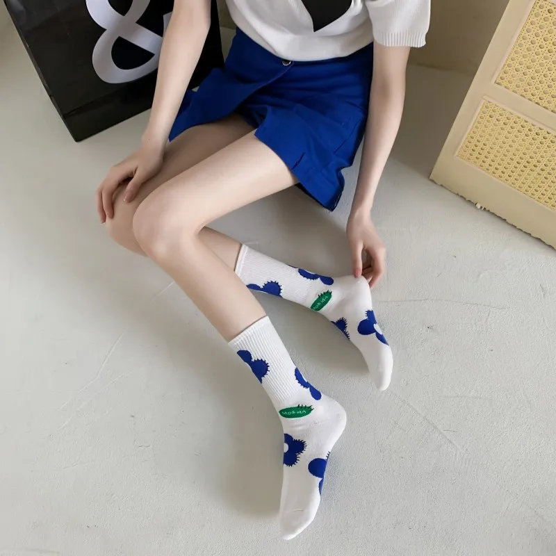 2023 Autunmn Women Sweet Korean Fashion Stitch Stockings Children Girls Blue Floral Print Japanese Kawaii Cute High Long Socks