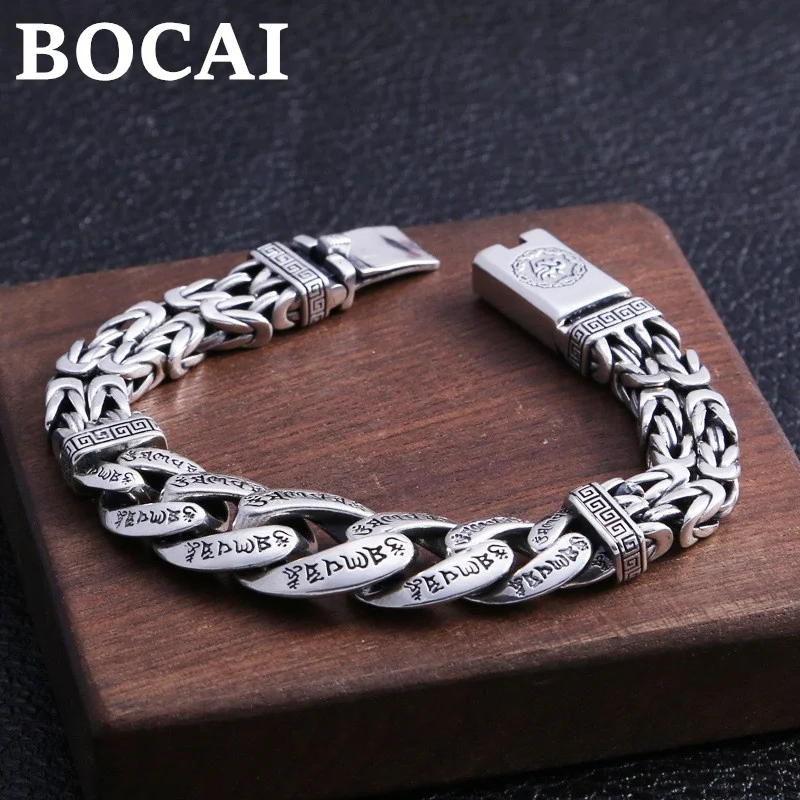 

BOCAI S925 Sterling Silver Bracelets for Men New Fashion Buddhism Six Character Truth Flat Thai Silver Hand Chain Free Shipping