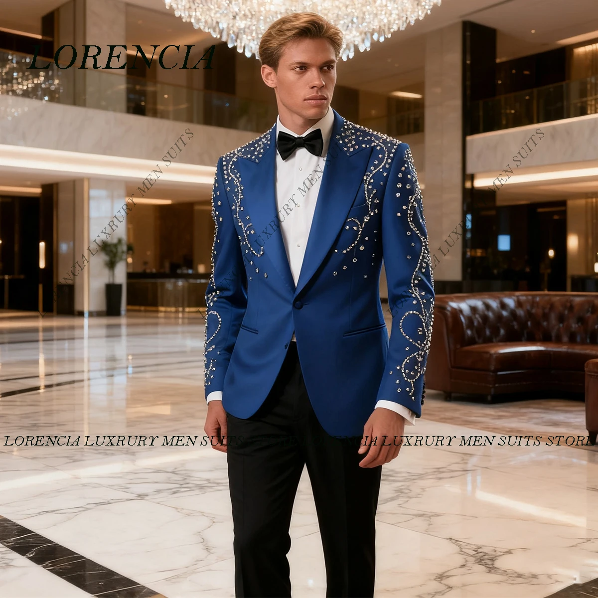 

Customized High End Crystals Men Suits Peaked Lapel Ropa Hombre Rhinestone 2 Pieces Sets Groom Tuxedos Wedding Male Party Blazer