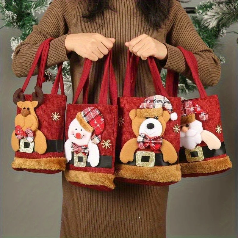 Bolsas festivas para muñecas de regalo de Navidad, golosinas de almacenamiento tejidas rojas y doradas con Papá Noel, muñeco de nieve, diseños de ciervos, accesorios de Navidad, 4 Uds.