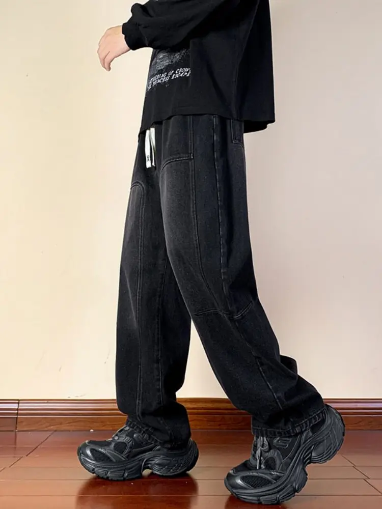

Elastic Waist American Sle High Street Wide Leg Jeans Men's Spring Autumn Casual Long Trousers Trendy Straight Cut Pants