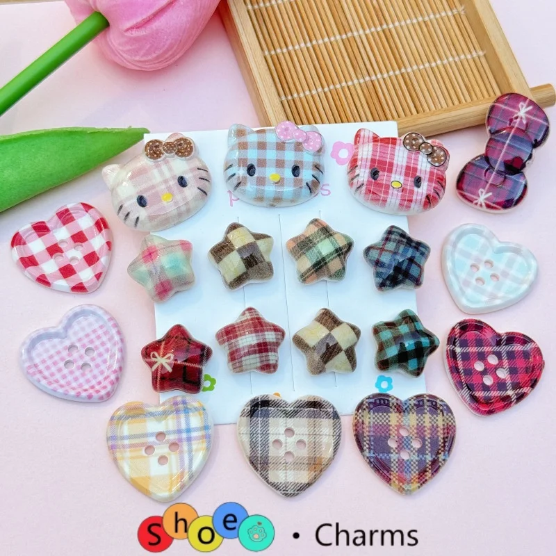 

19PCS MINISO Sweet Cute Grid Shoes Charms Designer Elegant Vintage Hello Kitty bow Accessories DIY Hole Shoes Clogs Decoration