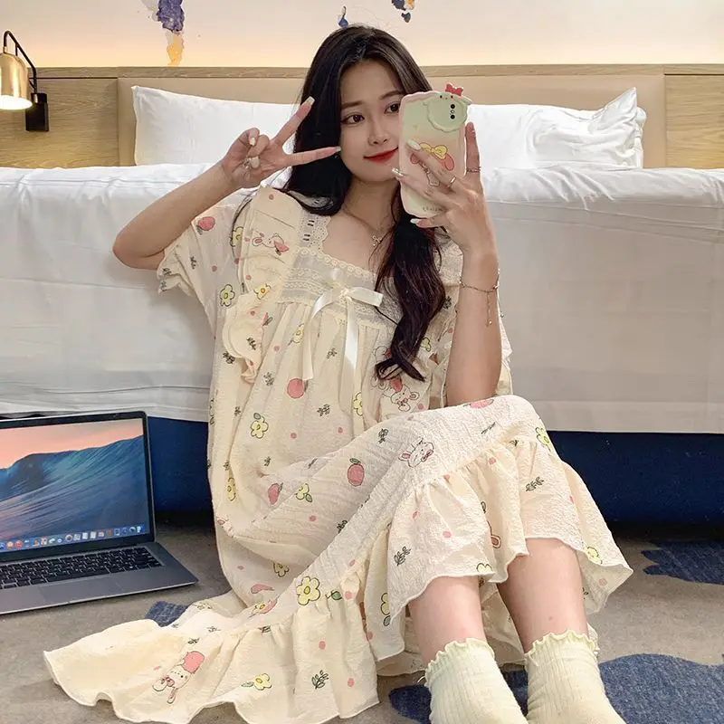 Lace Floral Women Princess Style Nightgowns Girls Short Sleeve Summer Nightgown Lady Sweet Ribbon Bow Loose Sleepshirt Homewear