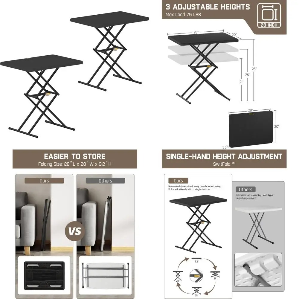 Portable 28 Inch Pop-Up Table with One-Handed Height Adjustment, Three Height Options, Ready to Use, Multi-Functional Folding Ta