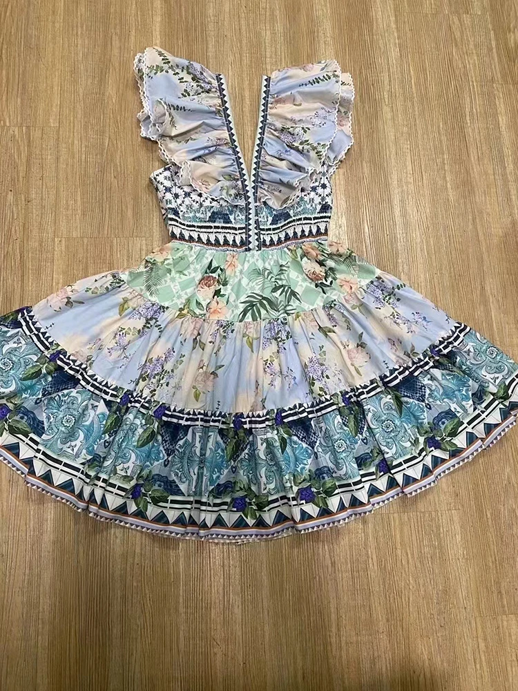 الرجعية الراقية الخامس الرقبة تكدرت تحلق الأكمام تنورة الصيف المرأة الجديدة الخصر حزام نحيف عارية الذراعين المطبوعة عطلة نمط اللباس