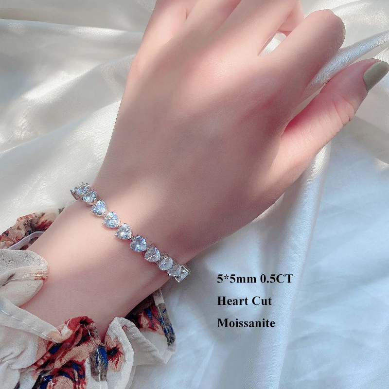 EWYA Full 5*5mm 0.5CT D Color Heart Cut Moissanite Tennis Bracelet for Women 925 Silver GRA Certified Link Bracelets Bangle Gift image 4
