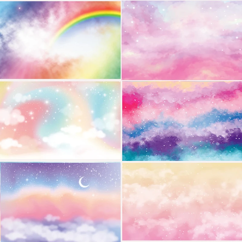 

Colorful Sky Rainbow Cloud Backdrop Glitter Stars Sky Baby Shower Happy Birthday Party Photography Banner Decor Wall Custom