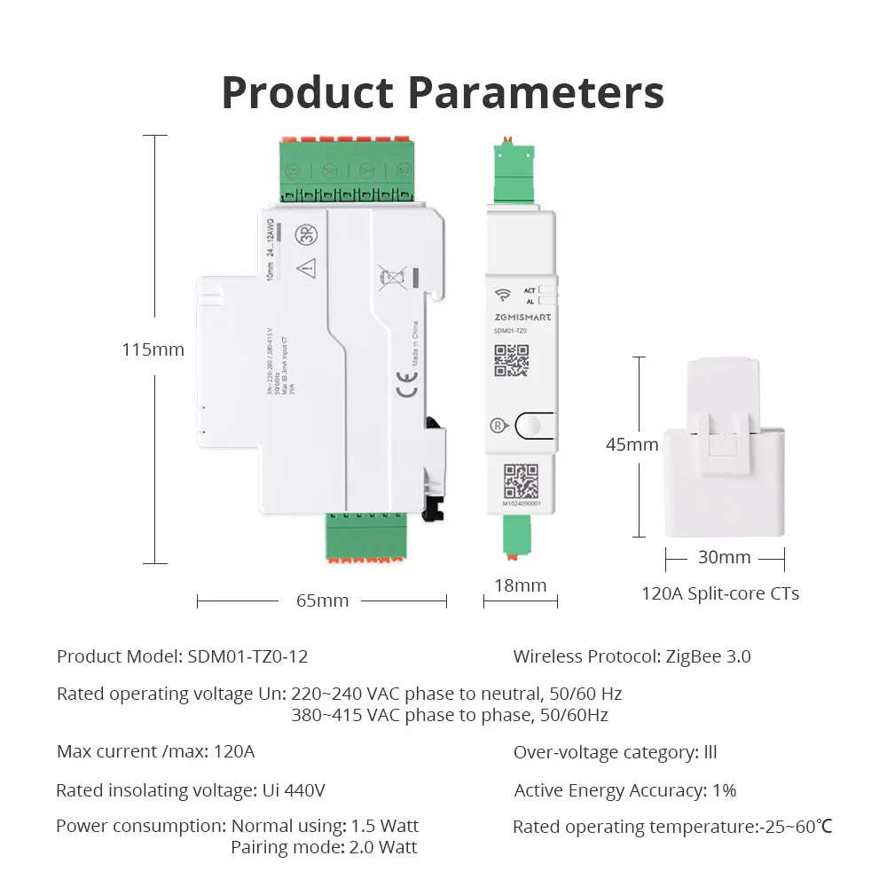 Zemismart 120A Tuya Zigbee WiFi 3 Phase Energy Meter Smart Din-rail Power Monitor Withdrawable Split-core CTs 220V 240V