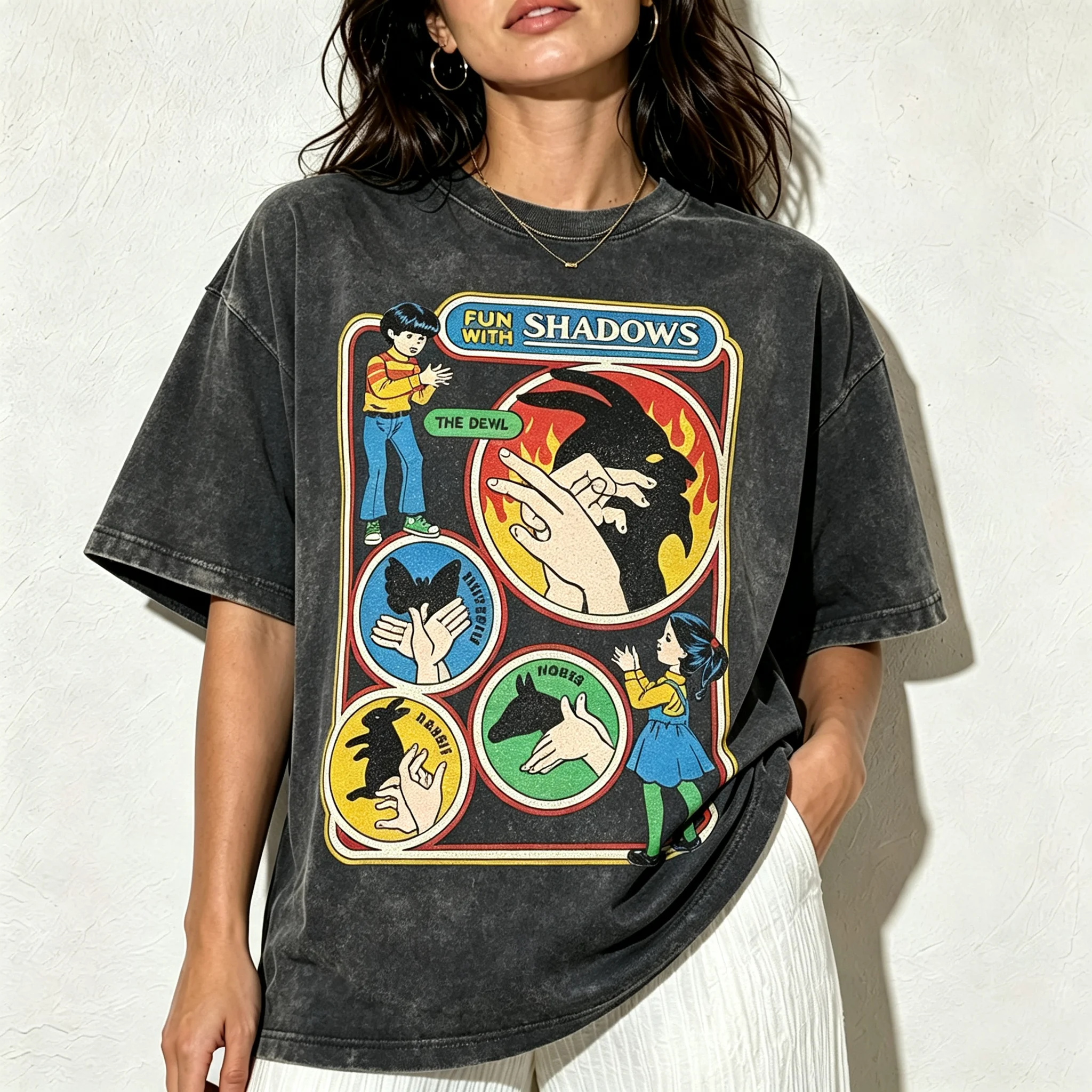 Women Vintage Wash Oversized T Shirt Fun With Shadows Retro Hand Shadow Cartoon Graphic Tee Casual Round Neck Loose Unisex Tops