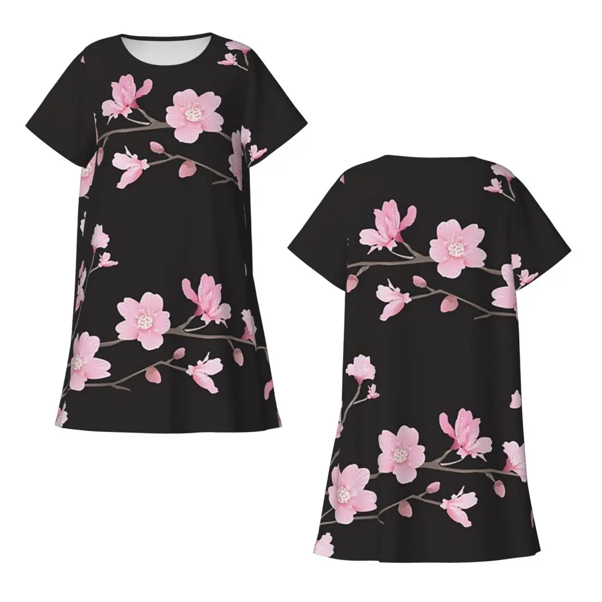 Custom Cherry Blossom Flower Plant Short Sleeves Nightdress For Sleepshirts Women Short Sleeve Nightgowns Loose Pajama Dress