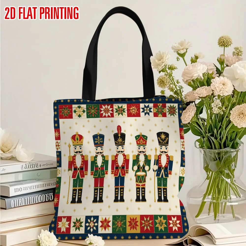 Vintage Patchwork Nutcracker Canvas Tote Bag Christmas Soldier Print Handbag Reusable Shopping Bag Large Capacity Shoulder Bag