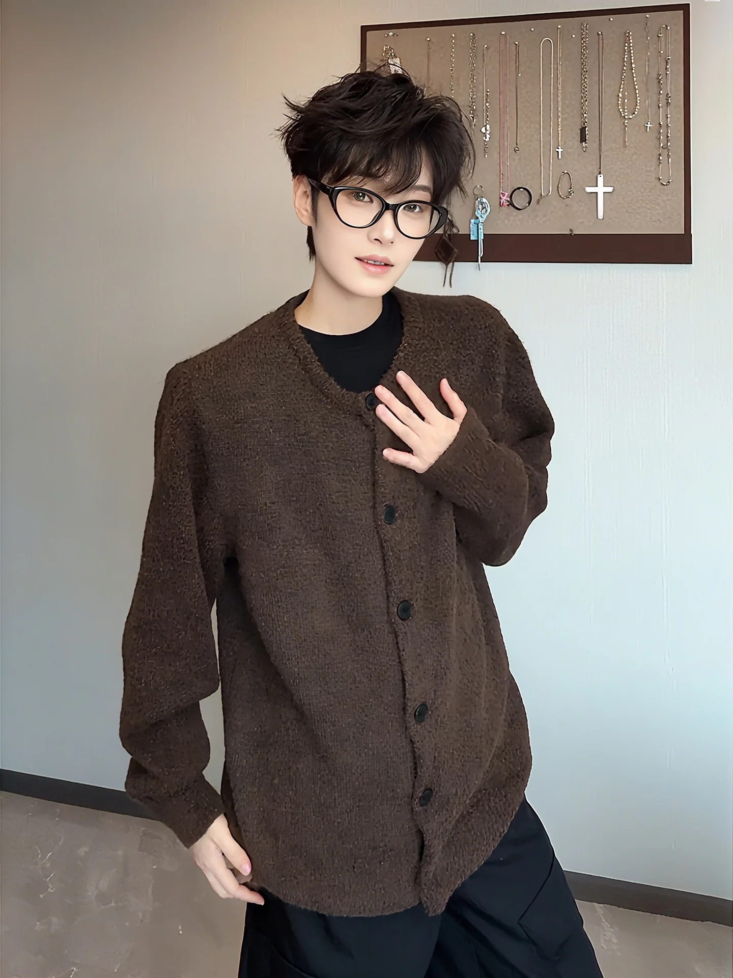 

Мужской кардиган Deep Brown Cleanfit: осенний вязаный свитер в стиле преппи, повседневный, свободного кроя, с длинными рукавами и круглым вырезом