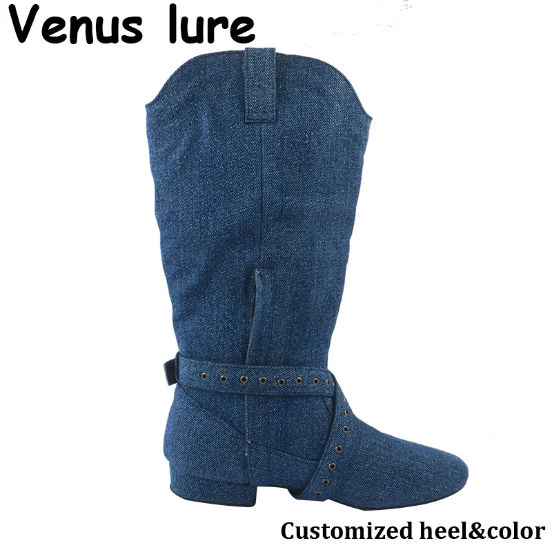 Venus leurre personnalisé bleu Denim ligne danse bottes occidentales semelle en daim 2CM danse pays bottes de danse chaussures avec fermeture éclair
