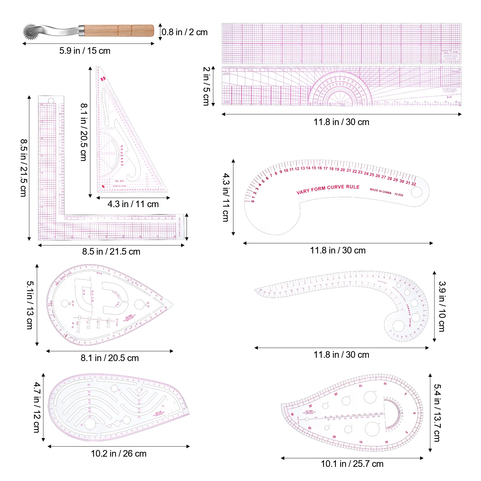Juego de reglas de costura, escala transparente, curva francesa de plástico, herramientas para acolchar dobladillo de corte de tela Flexible y ligero, 1 Juego