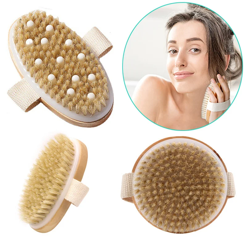 

2 in 1 Wet Dry Skin Body Massage Brush Shower Brush Natural Bristles Dead Skin Remover Body Exfoliating Scrub Brush