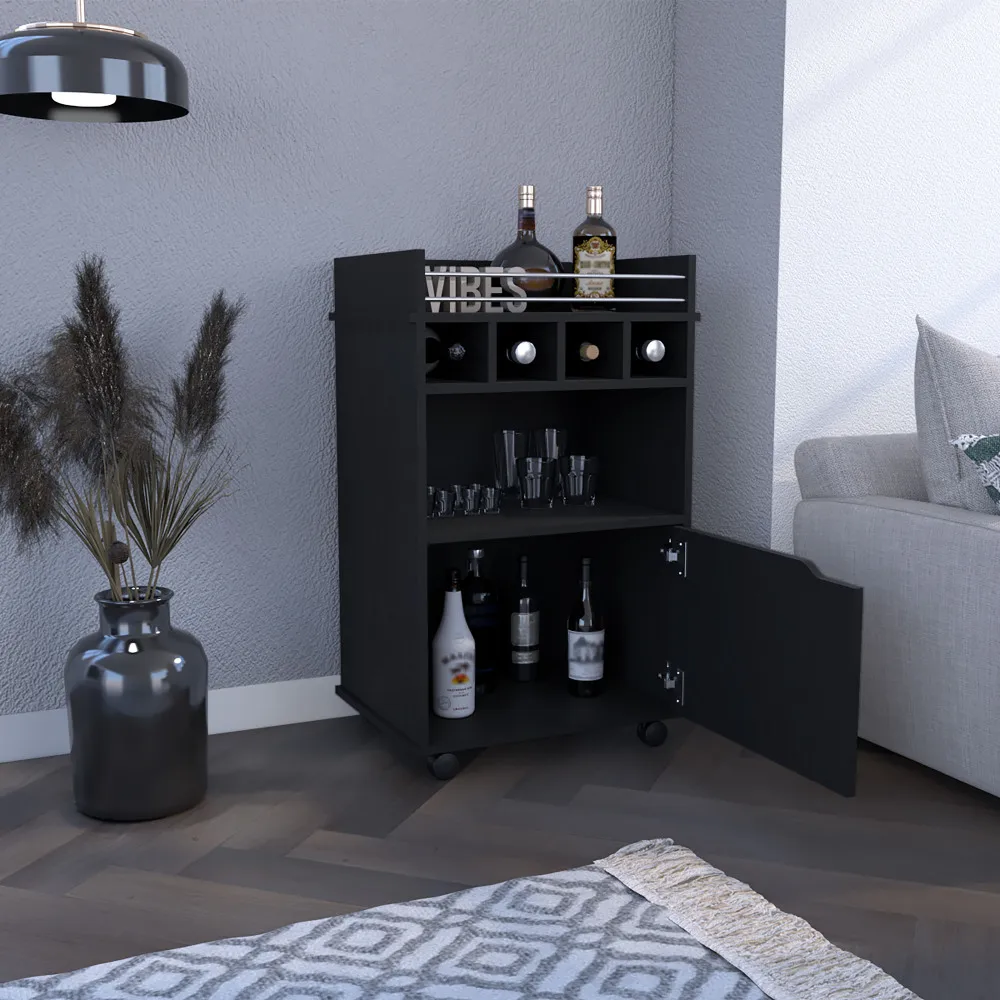 DEPOT E-SHOP Sims 35inch H Bar Cart with Two Shelves Four Wine Cubbies and One Cabinet Black Armario Para Vinos Salon Furniture