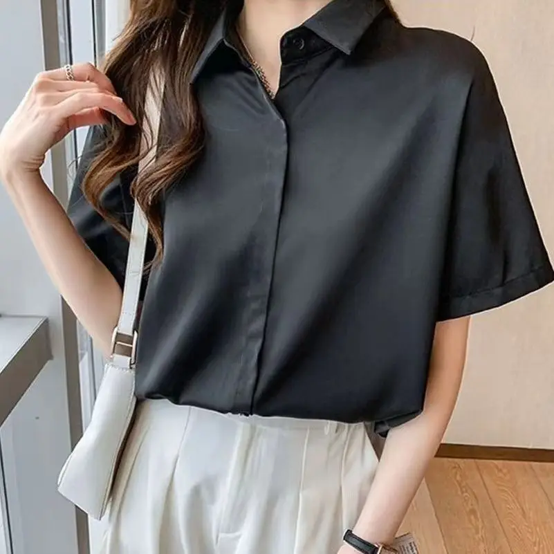 Summer Loose Women's Shirt Short Sleeve Work Commute Simple Match Large Size Collar Regular Length Thin Fabric Pure Color