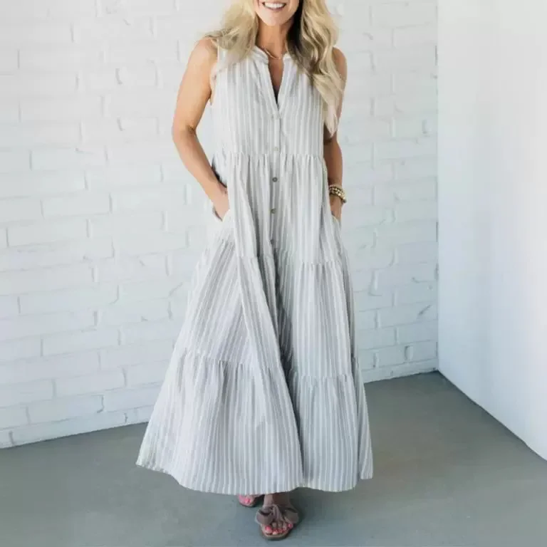 Women New Striped V-neck Sleeveless Shirt Big Swing Dress Long Loose Maxi Dress High Waist