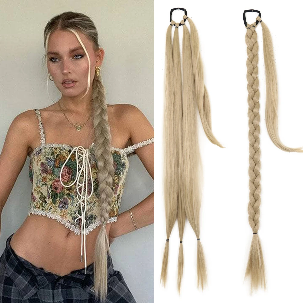 

34inch With Rubber Band Long Ponytail Hair Extensions Braided Ponytail Synthetic Natural Blonde Black For Women Hairpiece Braids