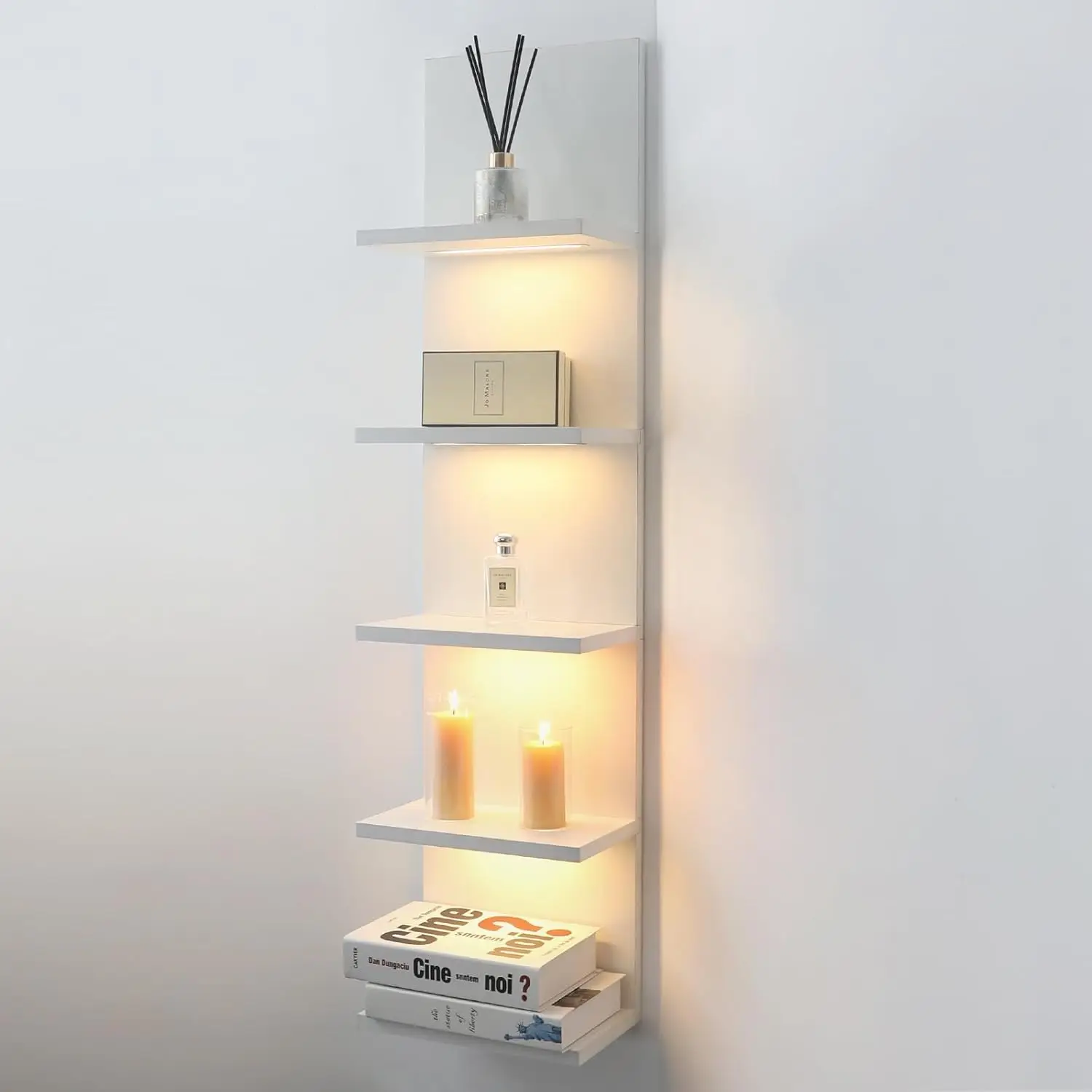 

5-Tier White Wall Shelf Unit with LED Light for Bedroom, Office, Bathroom Storage