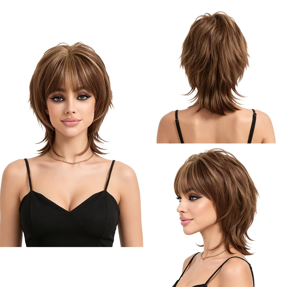 Short Wolf Cut Wigs For Women Brown Blonde Highlights Layered Shaggy Wig with Bangs Heat Resistant Synthetic Hair Party Daily