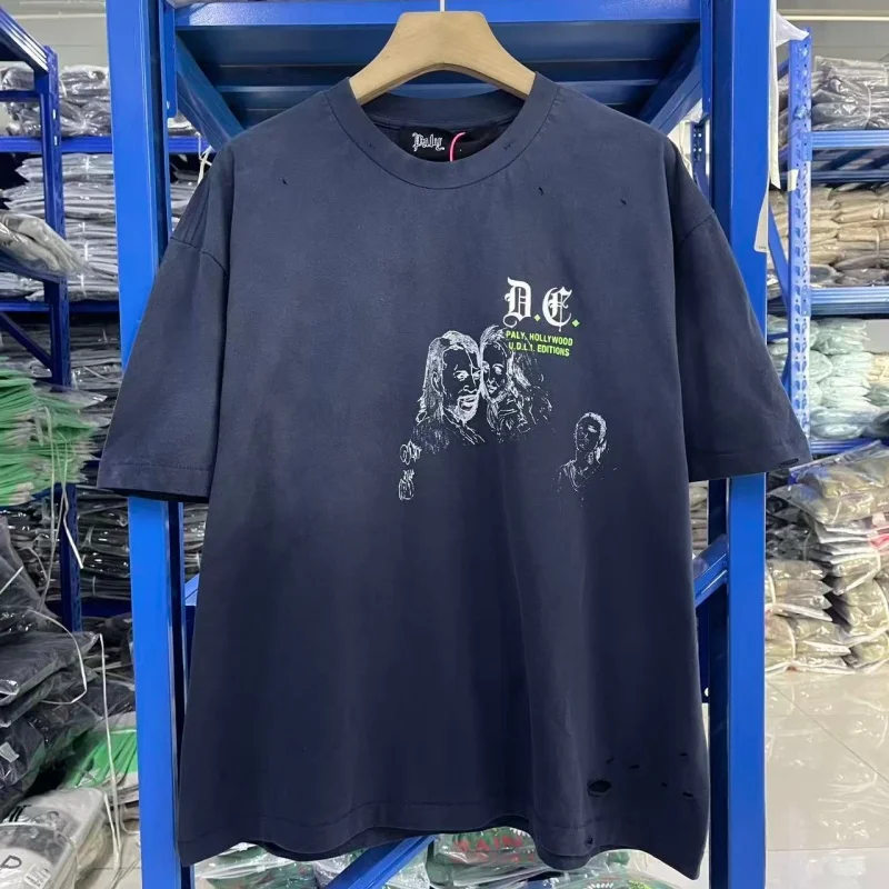 Paly Vintage Washed Blue Casual T Shirt with Distressed Movie Print and Rhinestone Decor