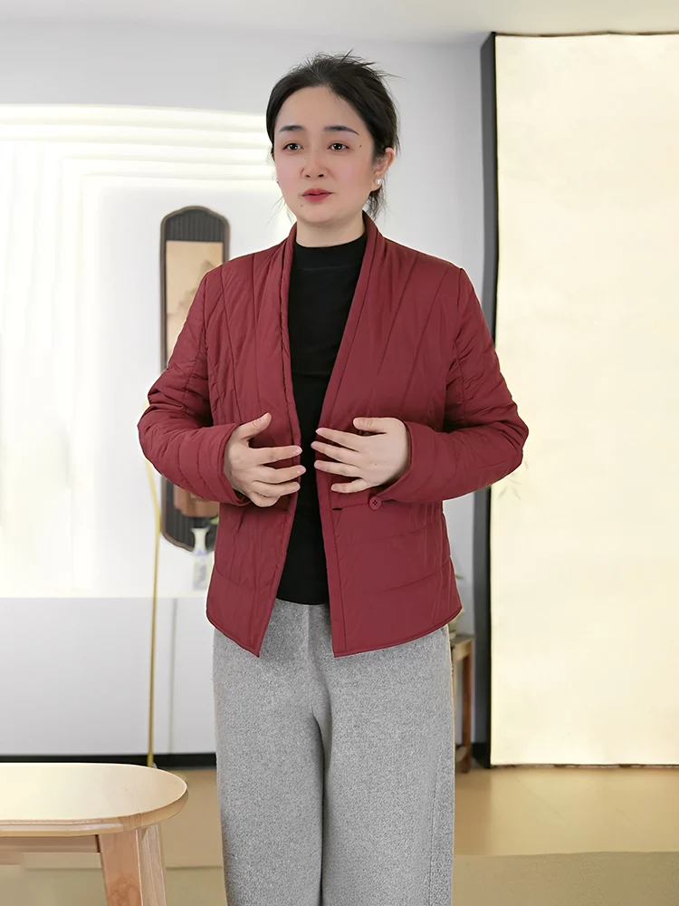 

Новогоднее красное шерстяное пальто с хлопковым наполнителем, женское, с V-образным вырезом, простое, элегантное, приталенное, удлиненное, стандартной длины, на одной пуговице