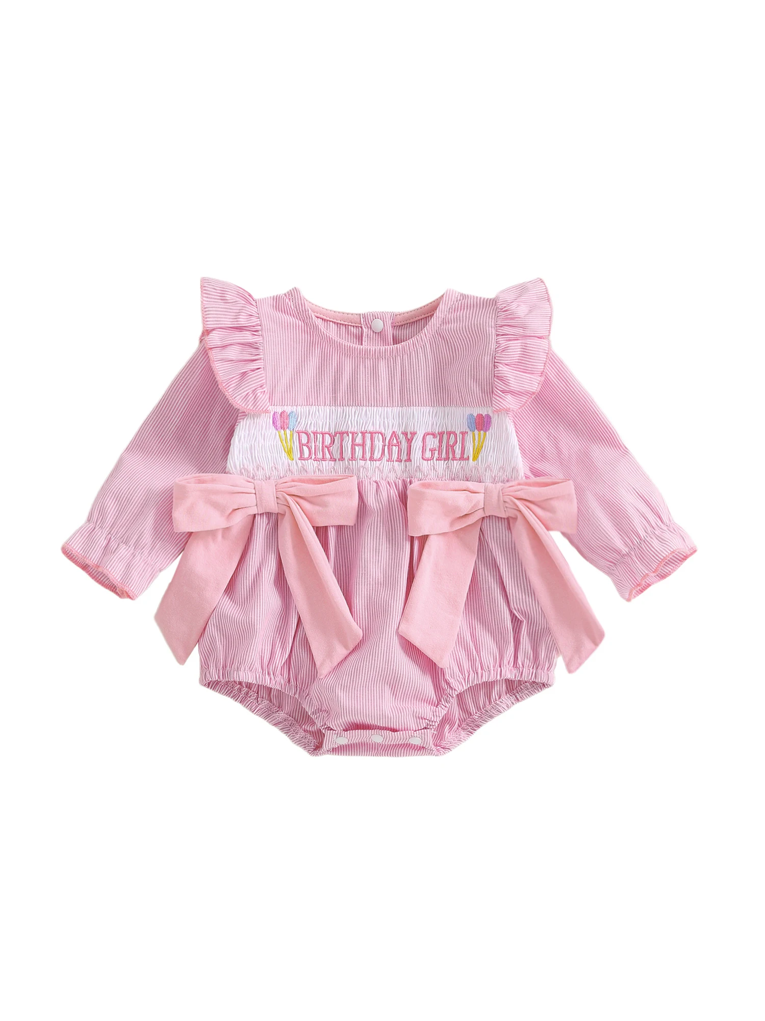 

Infant Girl s Birthday Romper with Long Sleeves O Neck Letter Embroidery and Striped Design - Adorable Jumpsuit for Special