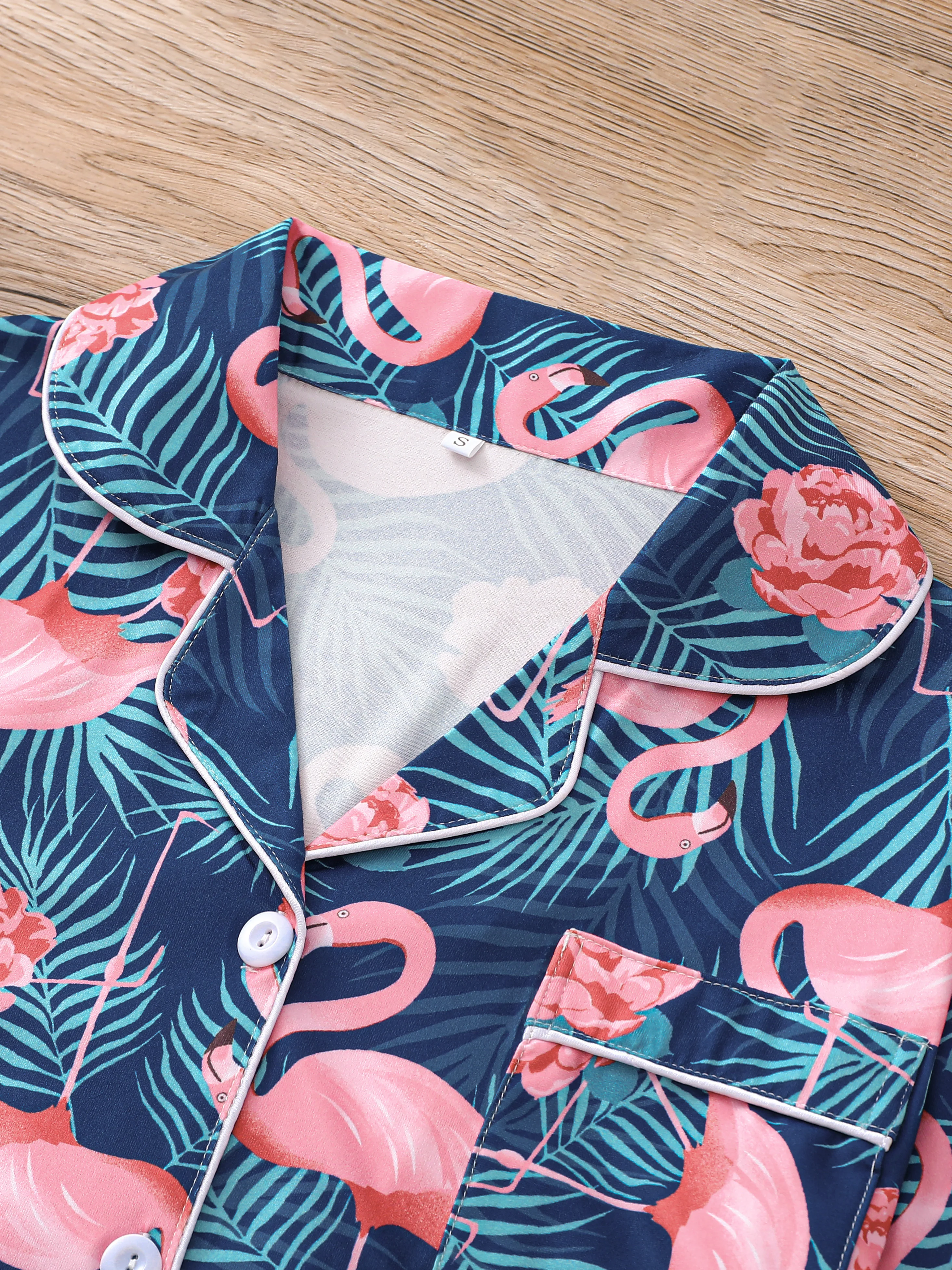 Tropical Plant And Flamingo Print Shirt Collar Short Sleeve Top And Loose Shorts Pajama Set