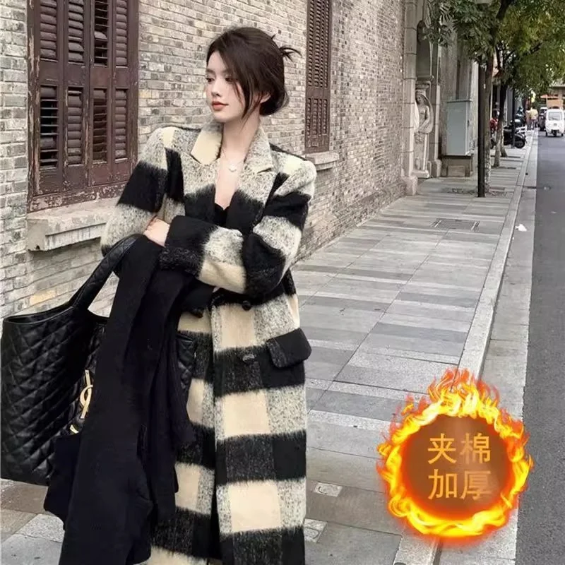 Plaid Woolen Coat For Women British Style 2025 New Retro Medium Long Thick Cotton Padded Jacket Windbreaker w1616